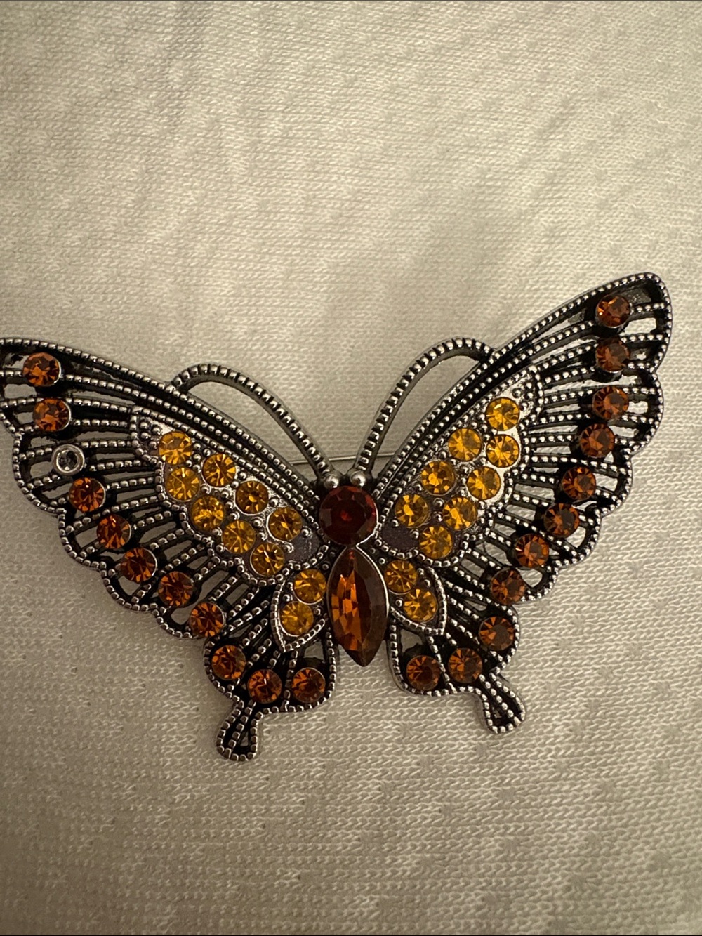 Butterfly Rhinestone Brooch in Amber and Yellow
